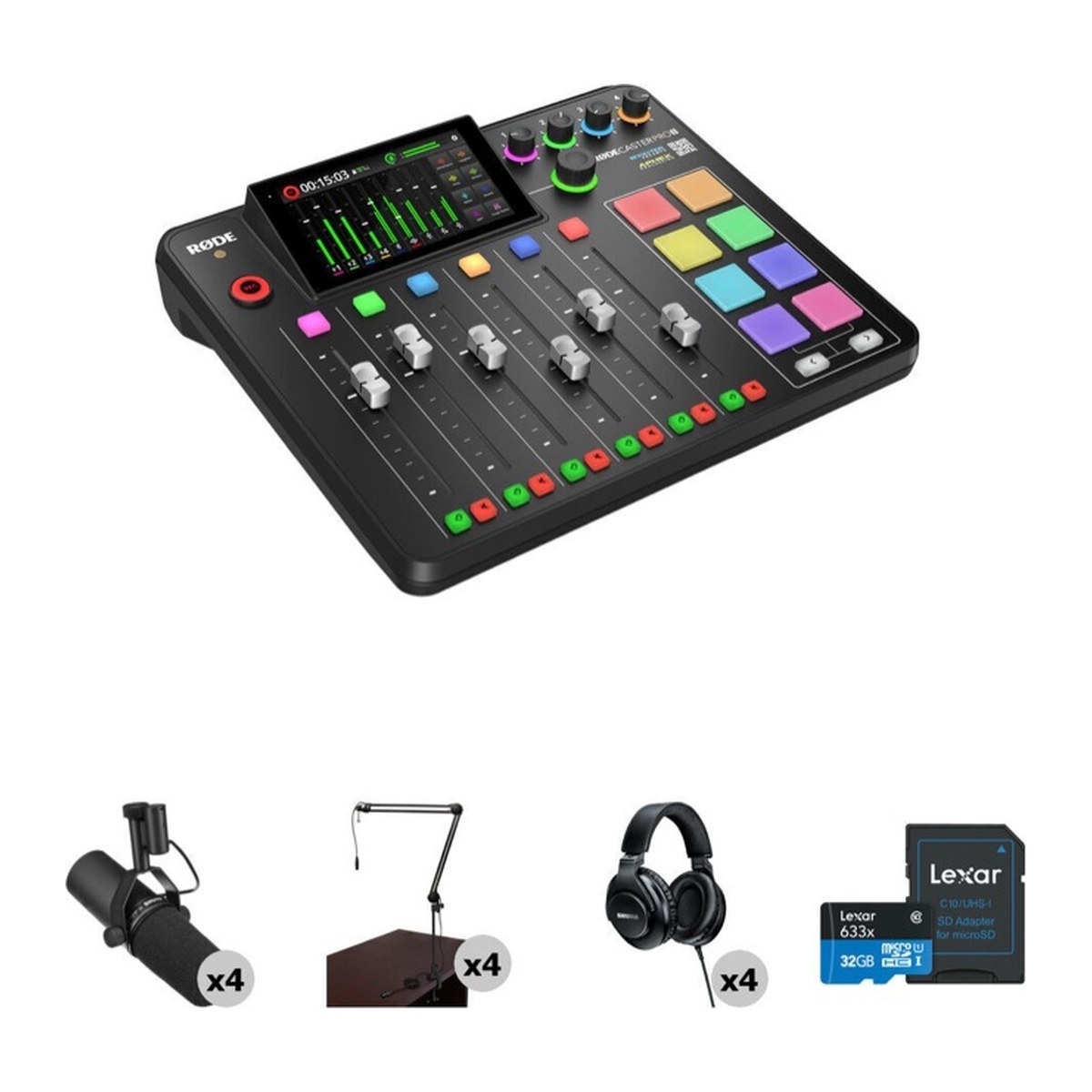 RODE RODECaster Pro II 4-Person Podcasting Kit with PodMics, Studio Boom Arms, Headphones, and Cables